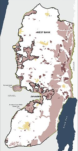The West Bank. Israeli settlements in purple, areas where Palestinian movement is restricted in pink.